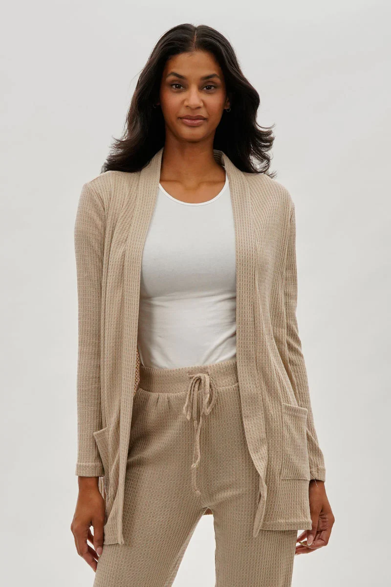 Fahrenheit Open Front Waffle Knit Cardigan - Beige