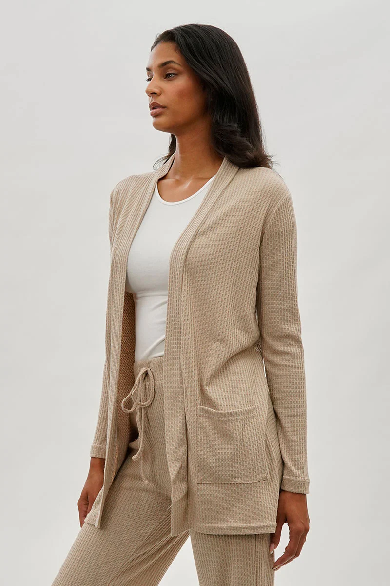 Fahrenheit Open Front Waffle Knit Cardigan - Beige - Image 2