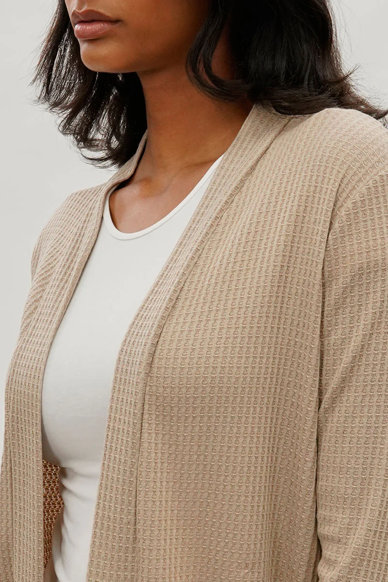 Fahrenheit Open Front Waffle Knit Cardigan - Beige - Image 4