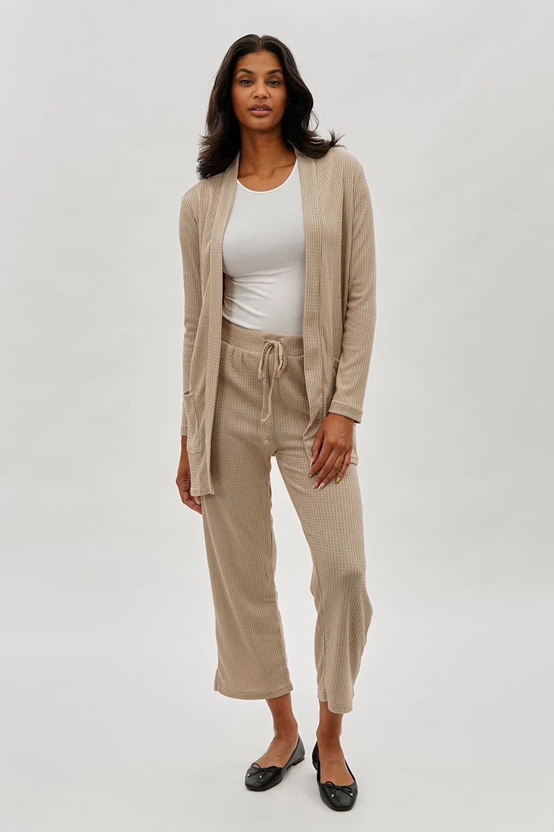 Fahrenheit Open Front Waffle Knit Cardigan - Beige - Image 5