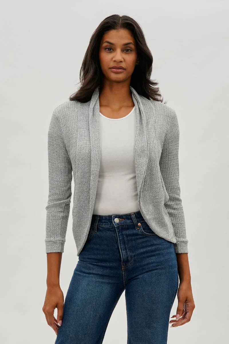 Fahrenheit Waffle Knit 3/4 Sleeve Cardigan - Grey