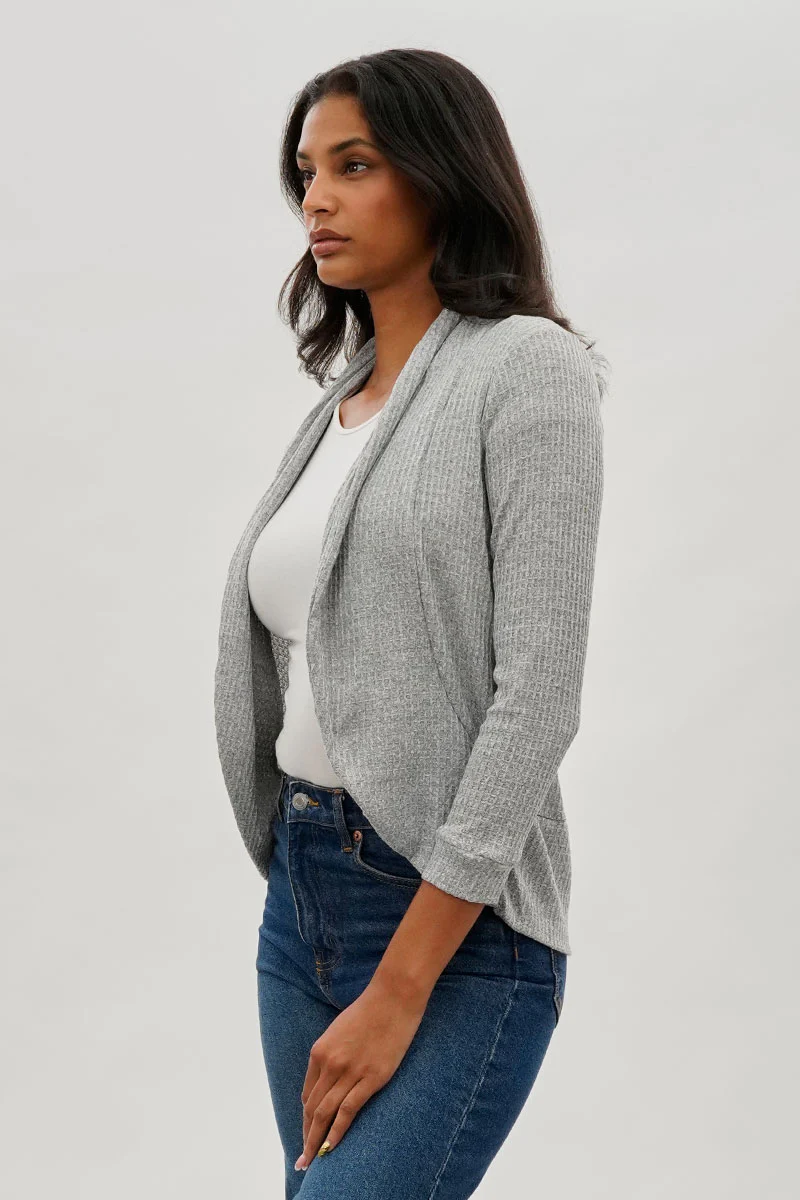 Fahrenheit Waffle Knit 3/4 Sleeve Cardigan - Grey - Image 2