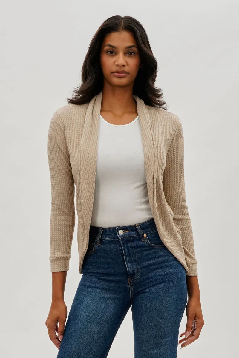 Fahrenheit Waffle Knit 3/4 Sleeve Cardigan - Beige