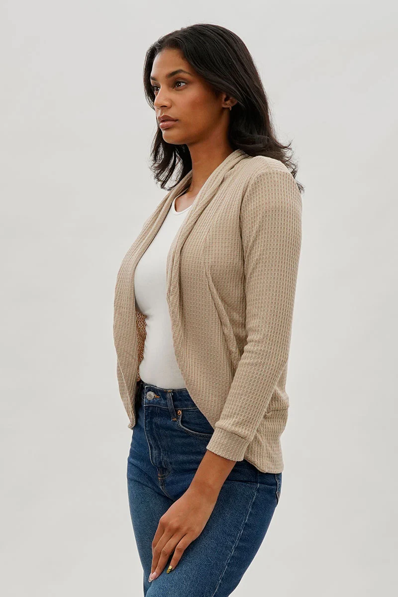 Fahrenheit Waffle Knit 3/4 Sleeve Cardigan - Beige - Image 2