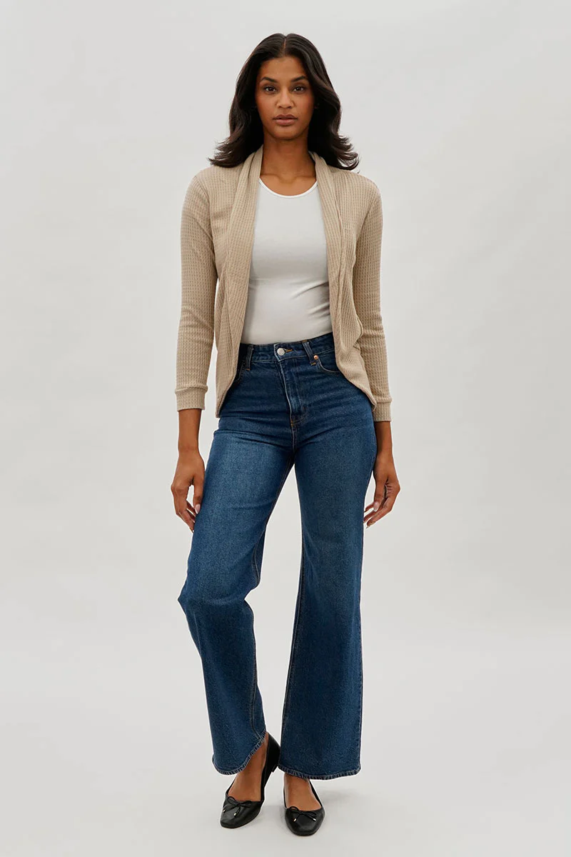 Fahrenheit Waffle Knit 3/4 Sleeve Cardigan - Beige - Image 5