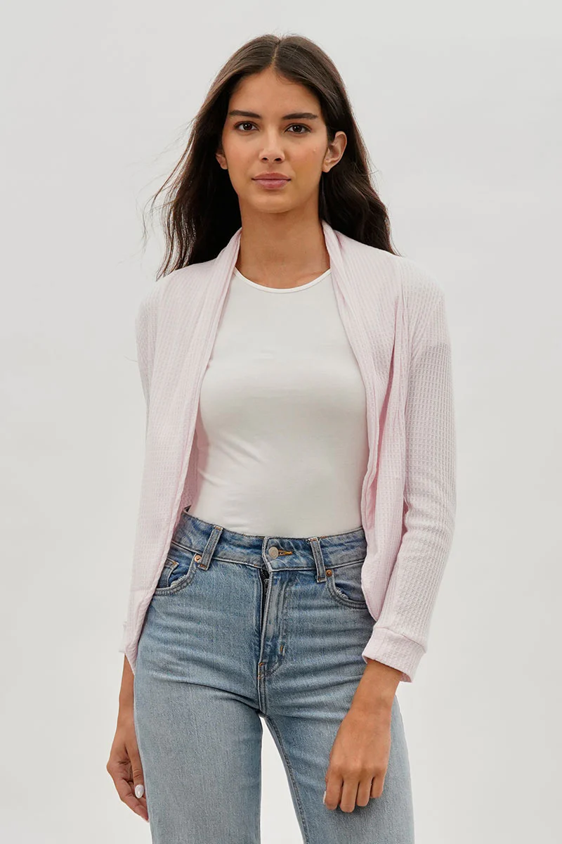 Fahrenheit Waffle Knit 3/4 Sleeve Cardigan - Blush