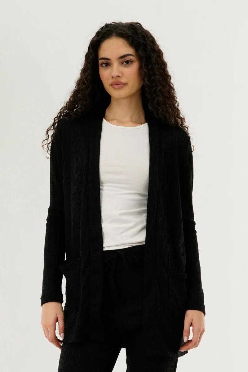 International INC Company Waffle Knit Open Cardigan - Black