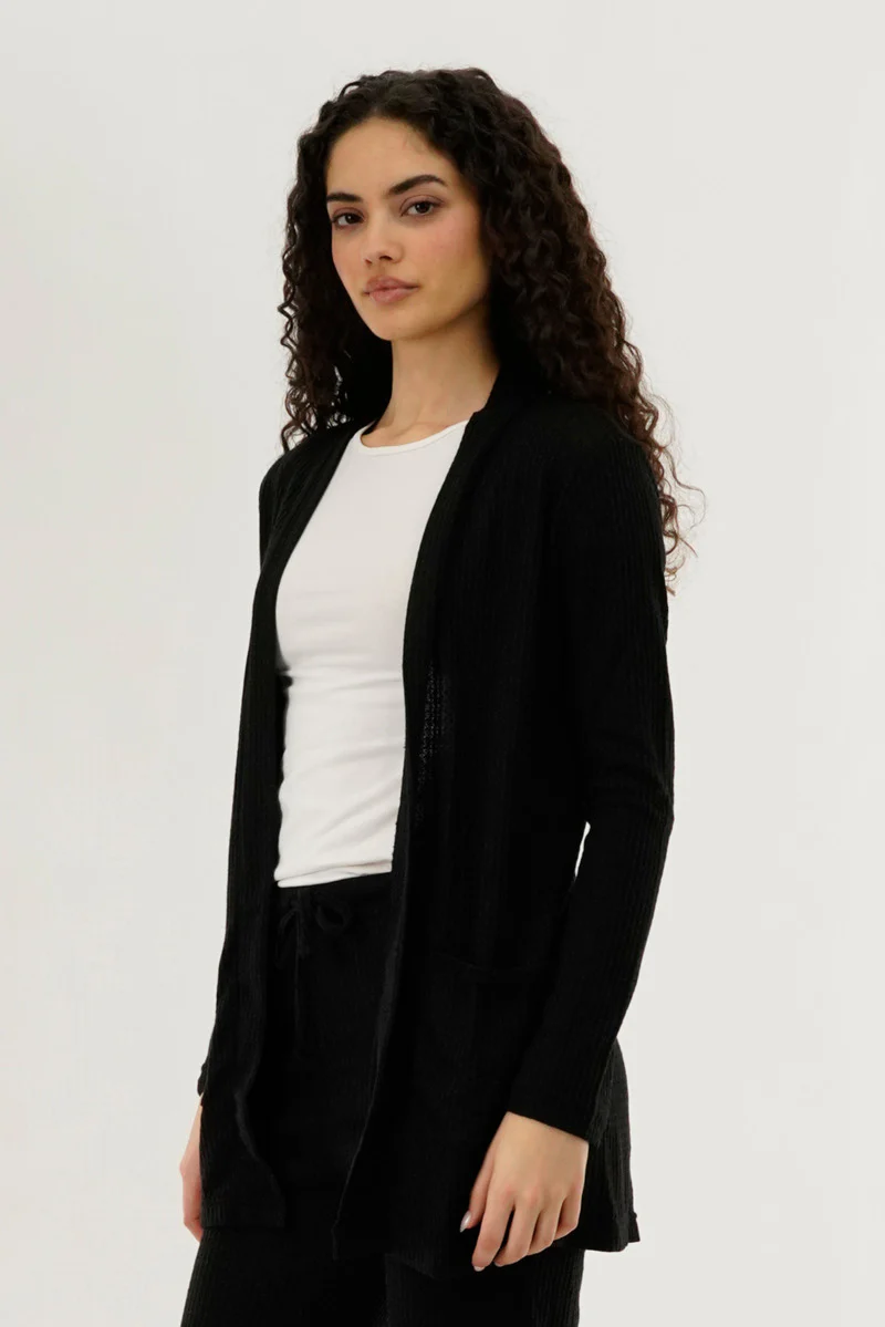 International INC Company Waffle Knit Open Cardigan - Black - Image 2
