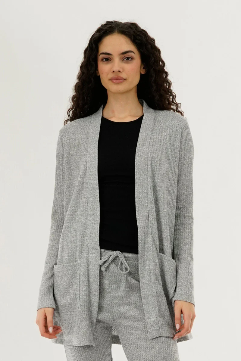 International INC Company Waffle Knit Open Cardigan - Grey