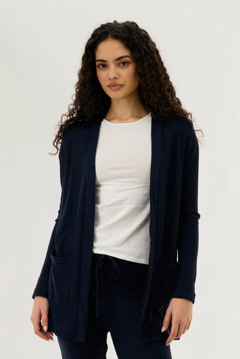 International INC Company Waffle Knit Open Cardigan - Navy