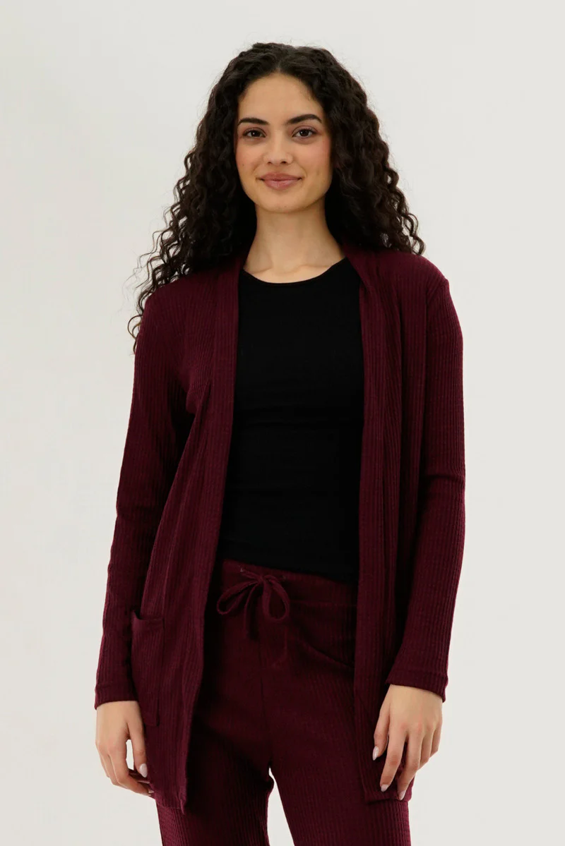 International INC Company Waffle Knit Open Cardigan - Burgundy