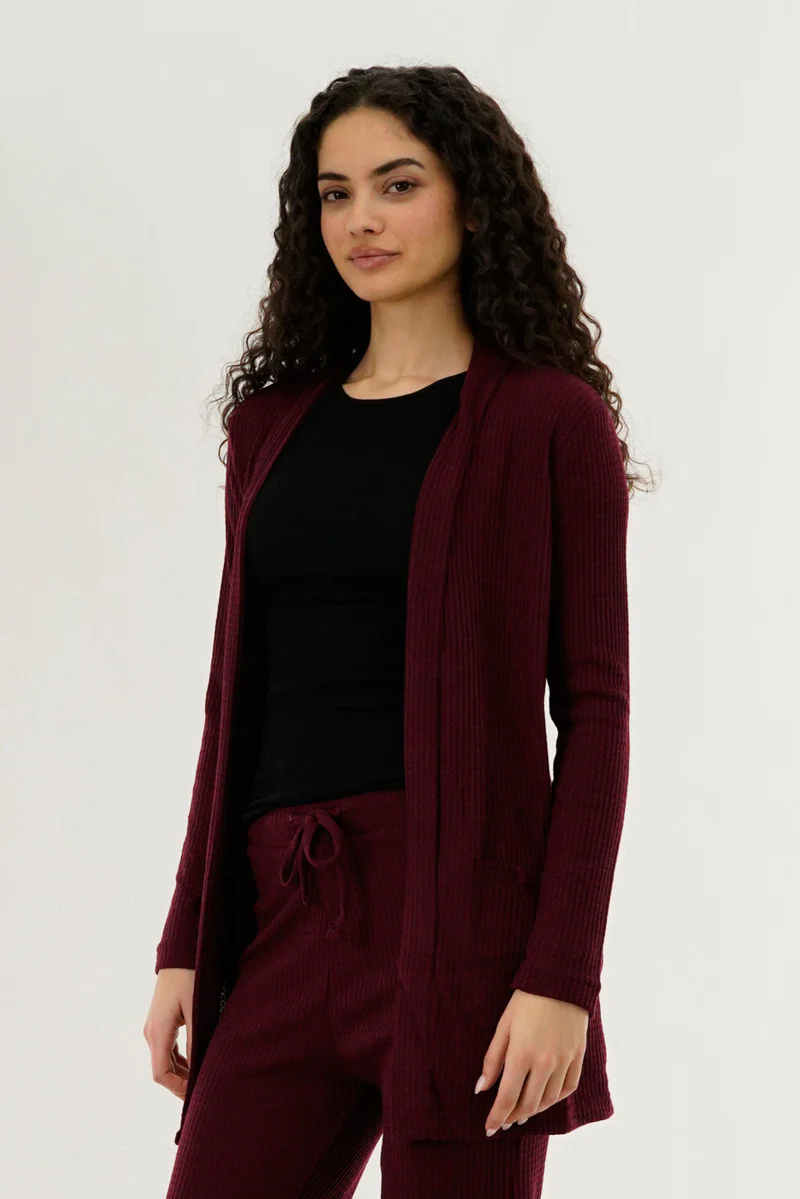 International INC Company Waffle Knit Open Cardigan - Burgundy - Image 2