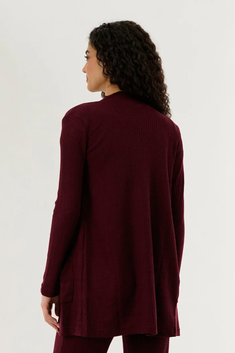 International INC Company Waffle Knit Open Cardigan - Burgundy - Image 3