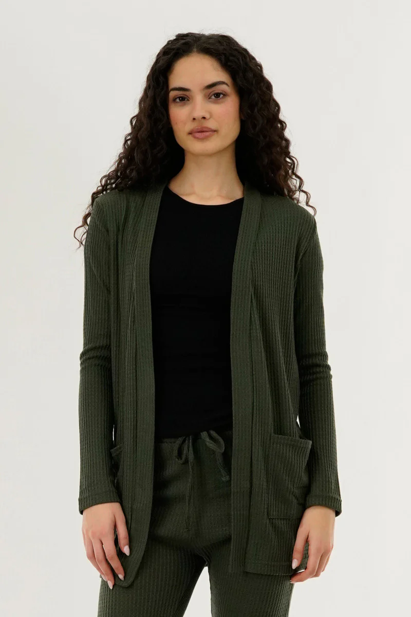 International INC Company Waffle Knit Open Cardigan - Green