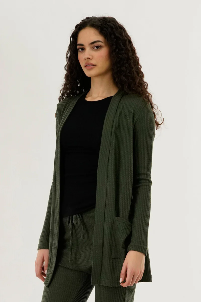 International INC Company Waffle Knit Open Cardigan - Green - Image 2