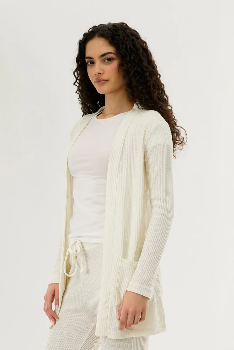 International INC Company Waffle Knit Open Cardigan - Cream - Image 2
