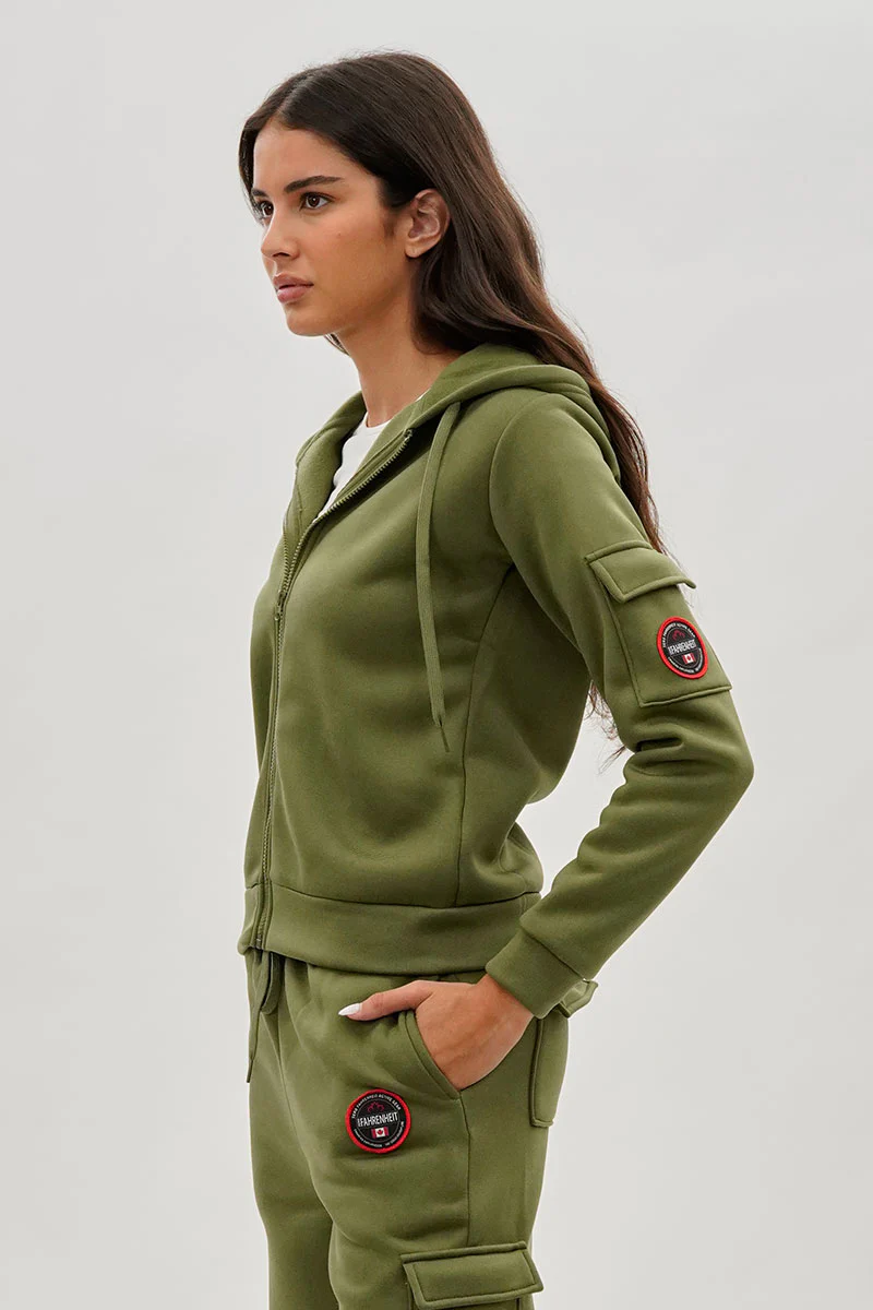 Fahrenheit Utility Pocket Zip Up Hoodie - Olive - Image 2