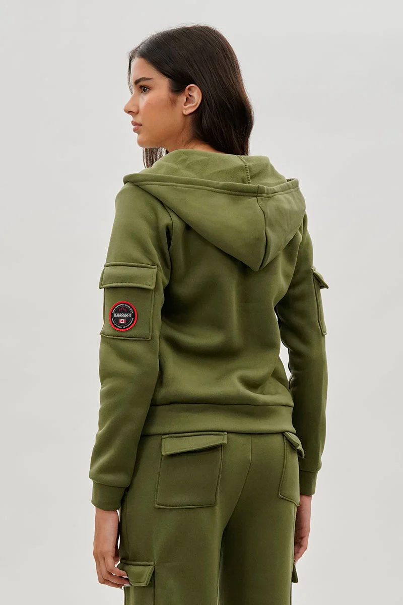 Fahrenheit Utility Pocket Zip Up Hoodie - Olive - Image 3