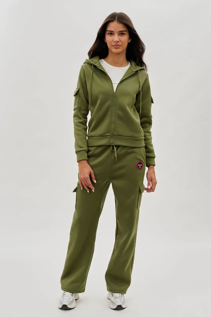 Fahrenheit Utility Pocket Zip Up Hoodie - Olive - Image 5