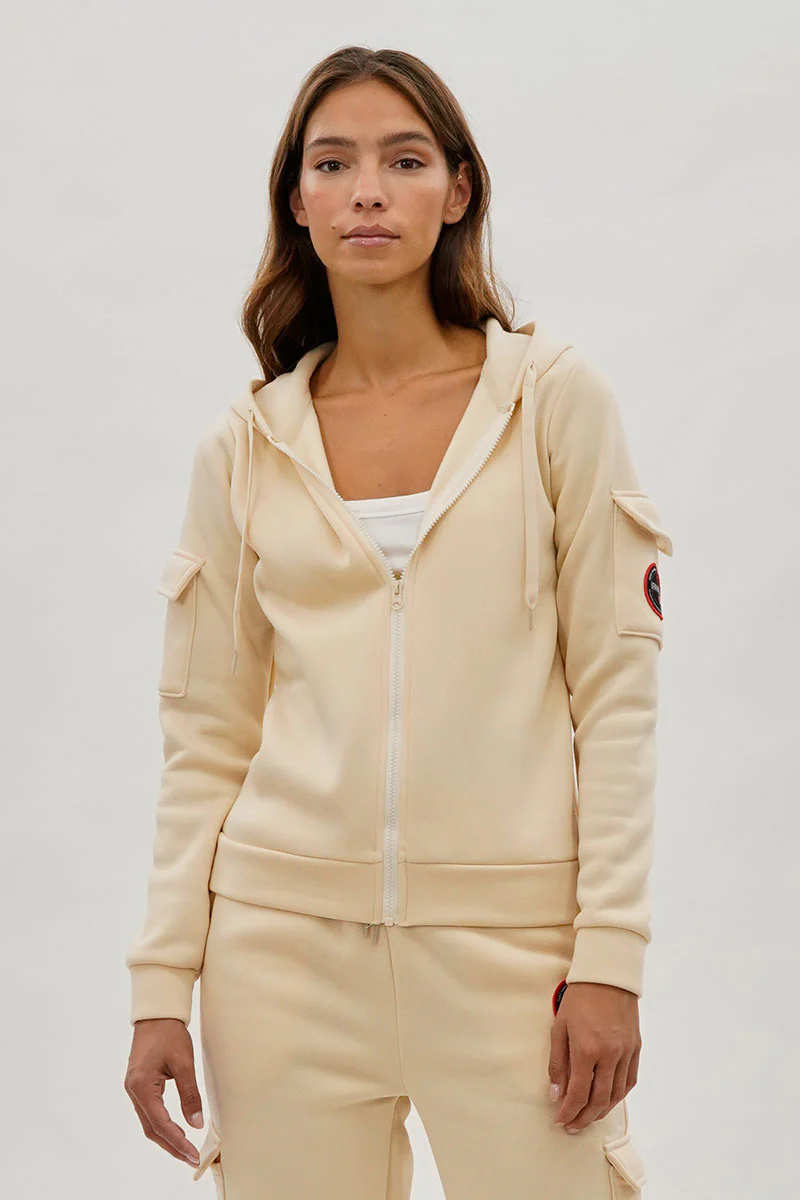 Fahrenheit Zip Up Utility Pocket Hoodie - Cream