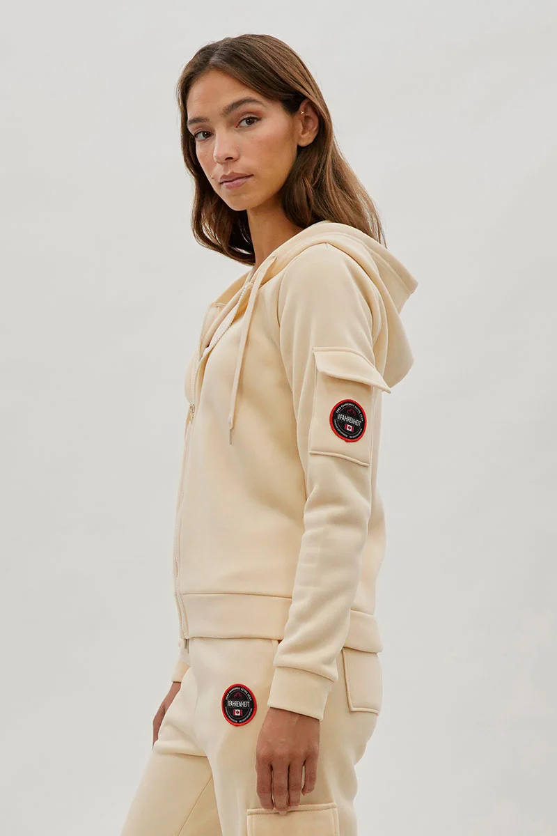 Fahrenheit Zip Up Utility Pocket Hoodie - Cream - Image 2
