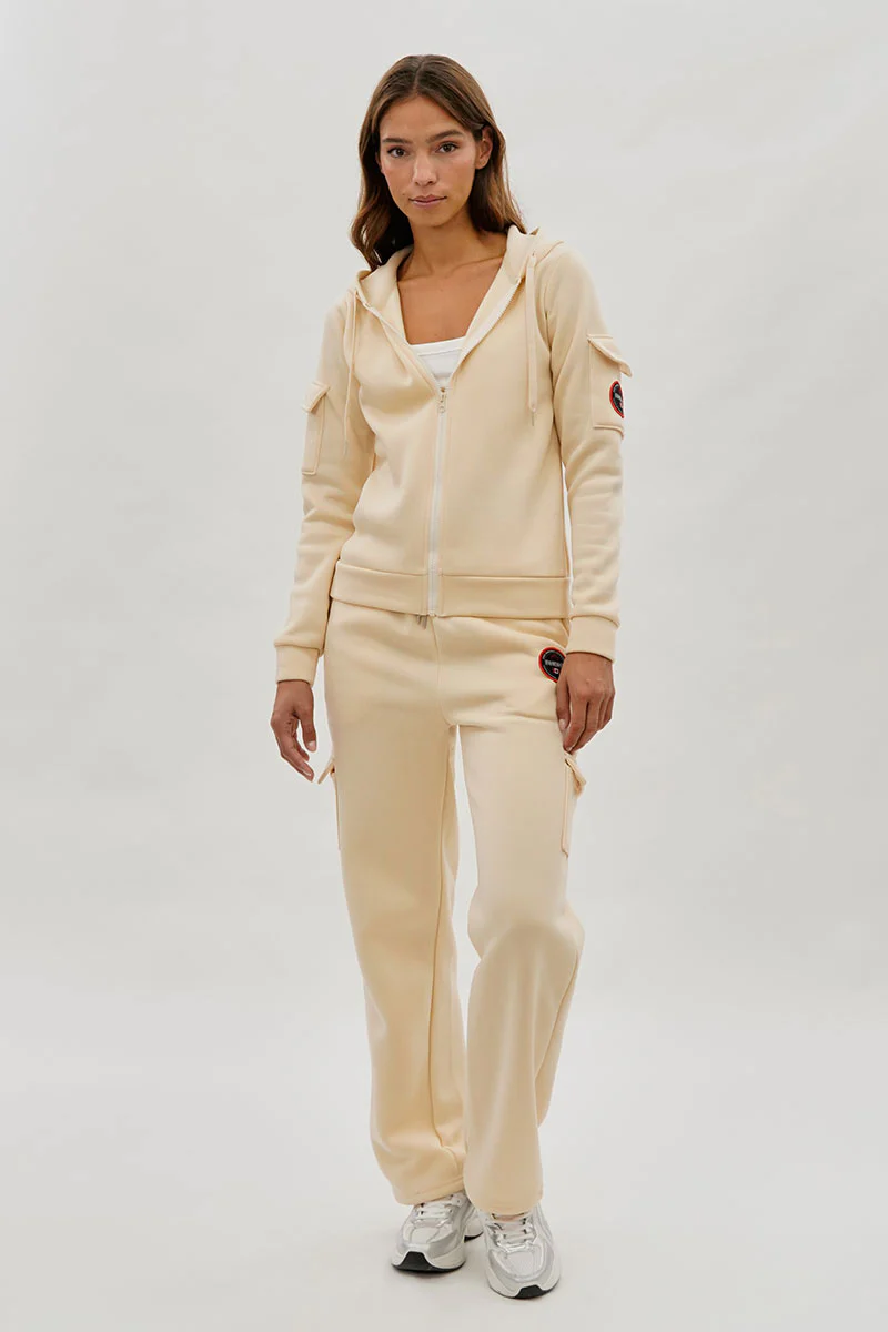 Fahrenheit Zip Up Utility Pocket Hoodie - Cream - Image 5