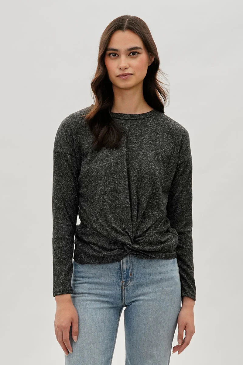 Fahrenheit Front Twist Drop Shoulder Long Sleeve Top - Black