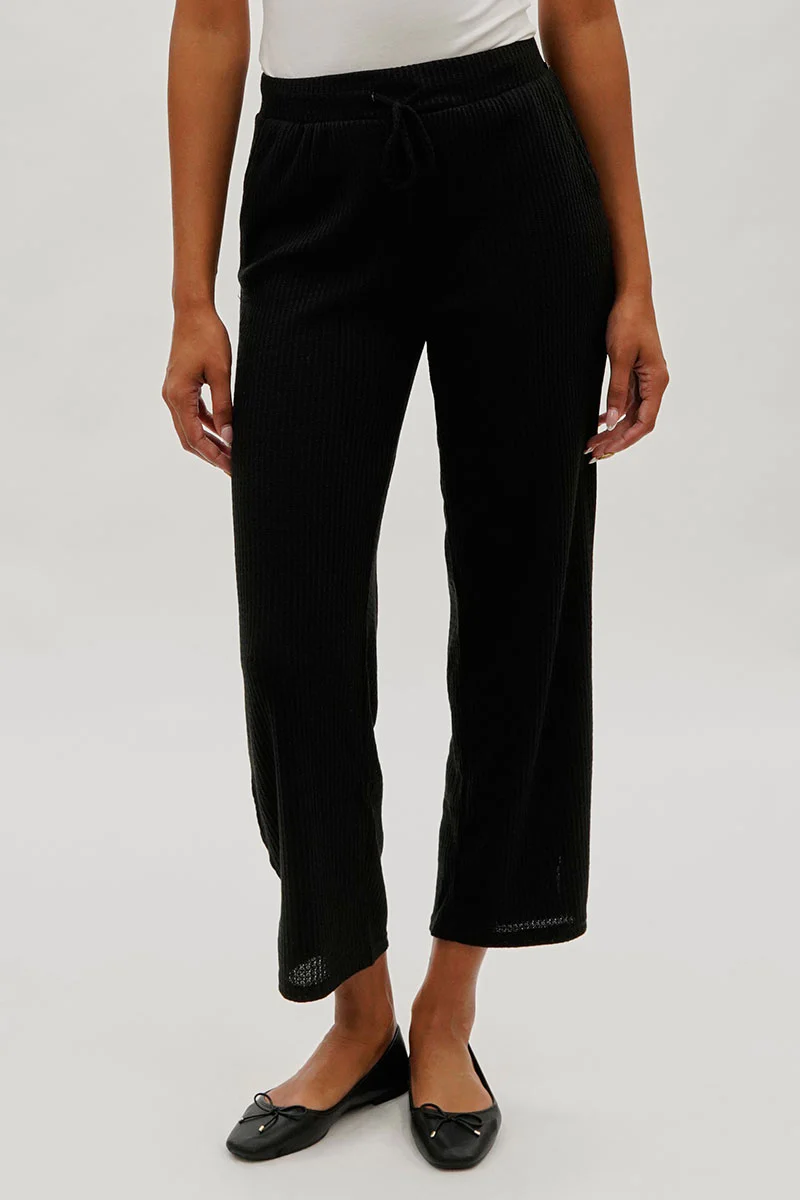 Fahrenheit Waffle Knit Tie Waist Pants - Black