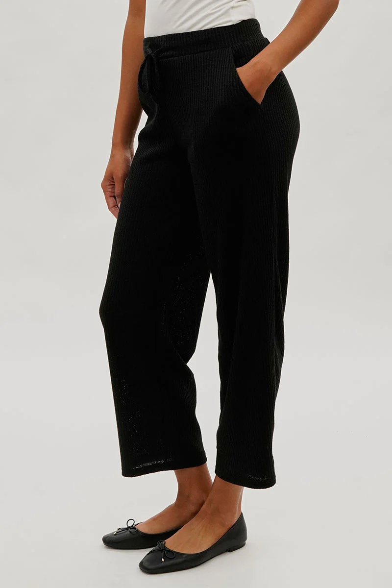 Fahrenheit Waffle Knit Tie Waist Pants - Black - Image 2