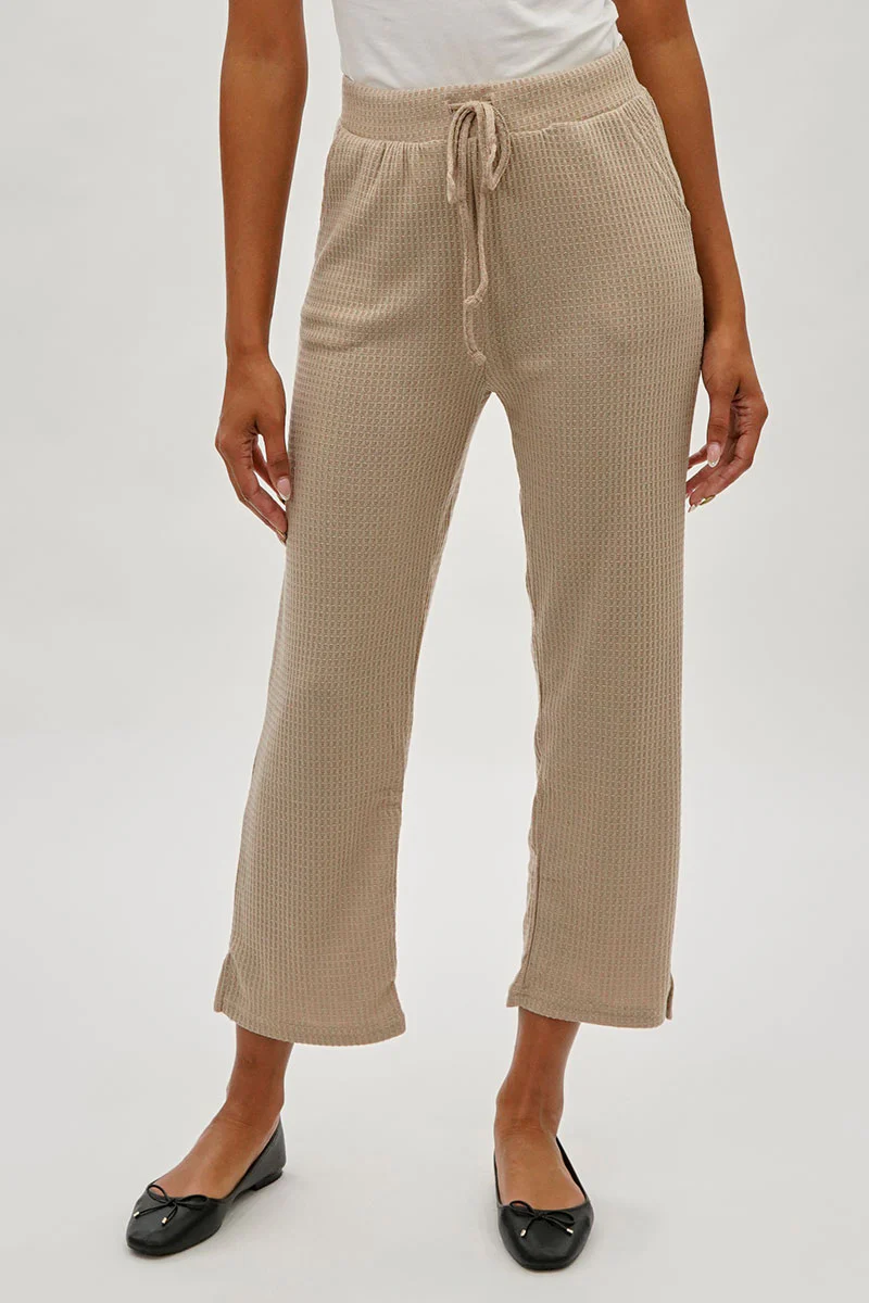 Fahrenheit Waffle Knit Tie Waist Pants - Beige