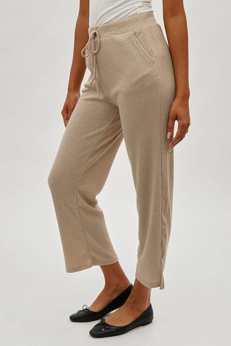 Fahrenheit Waffle Knit Tie Waist Pants - Beige - Image 2