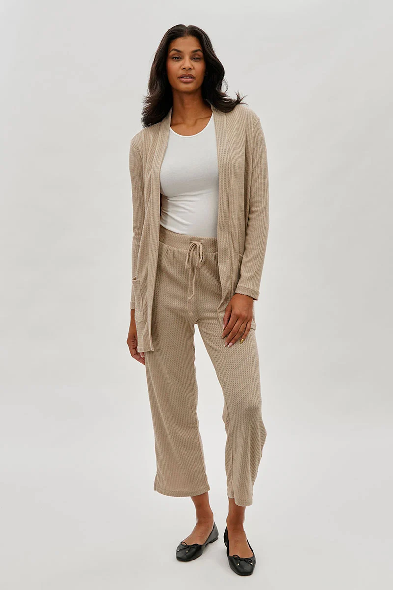 Fahrenheit Waffle Knit Tie Waist Pants - Beige - Image 5