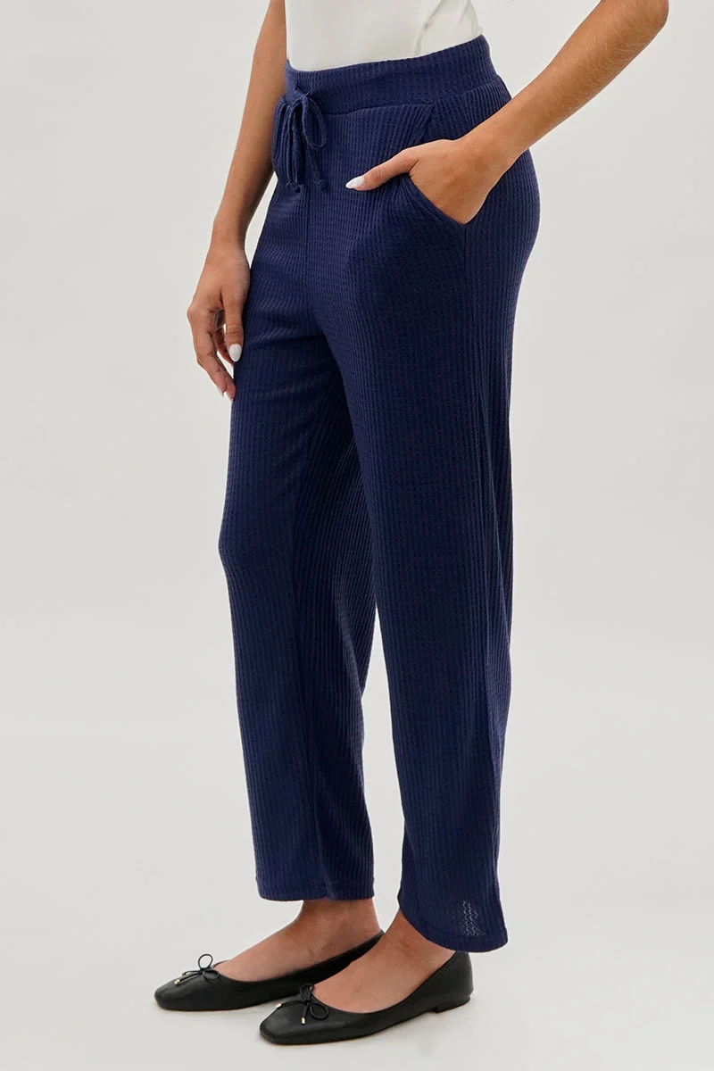 Fahrenheit Waffle Knit Tie Waist Pants - Navy - Image 2