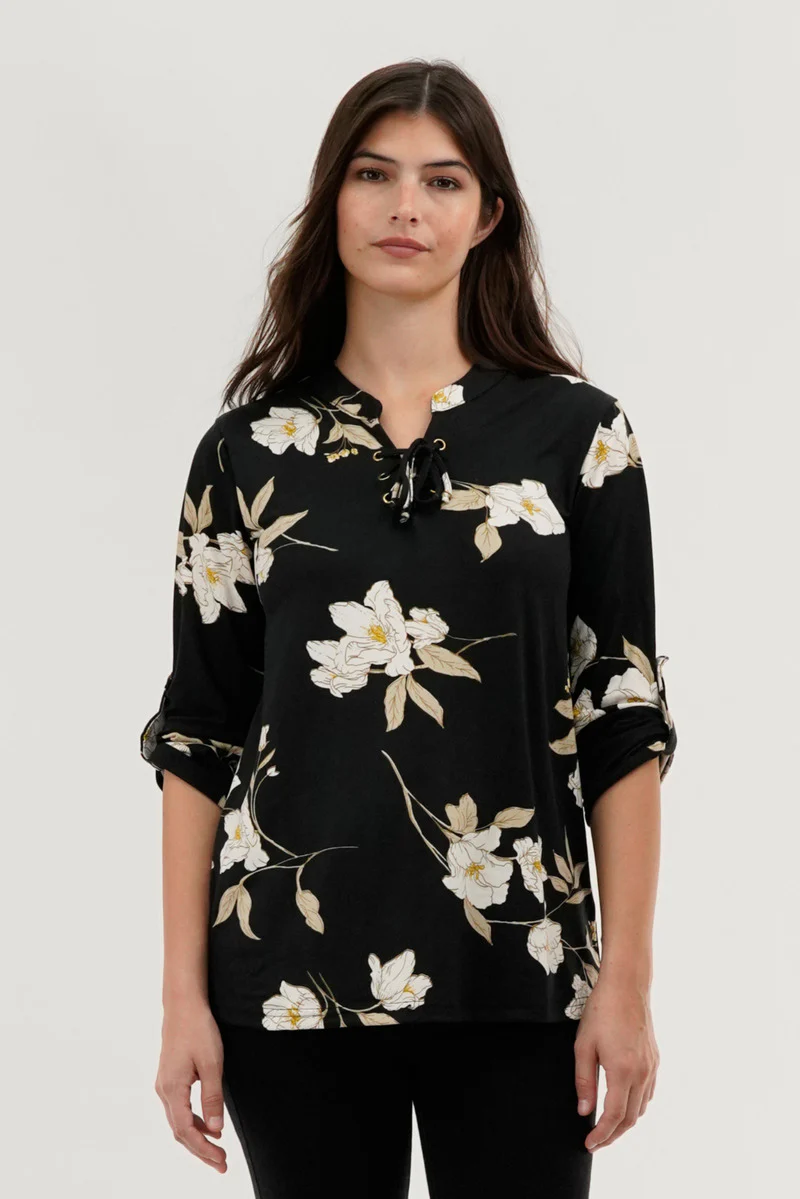 Majora Floral Lace Up Blouse - Black