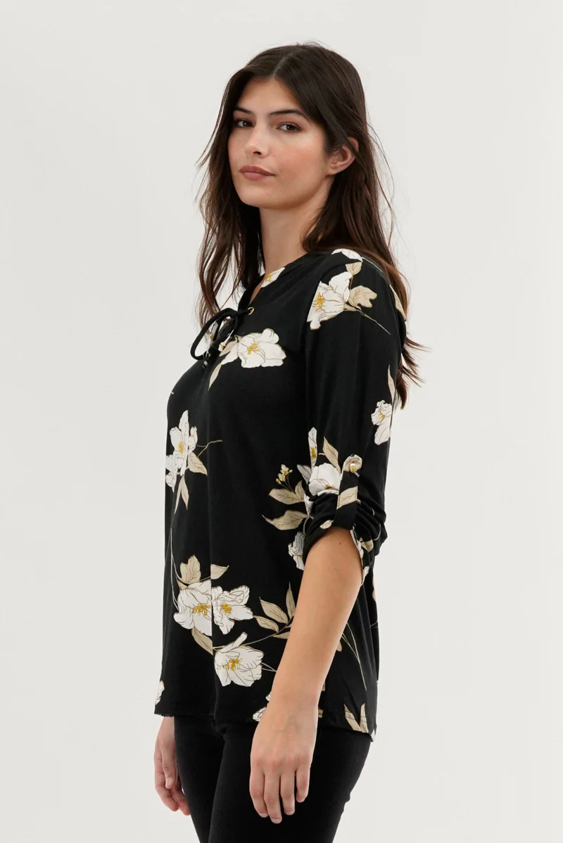 Majora Floral Lace Up Blouse - Black - Image 2