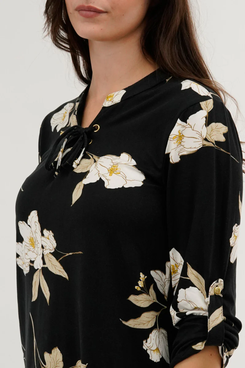 Majora Floral Lace Up Blouse - Black - Image 4
