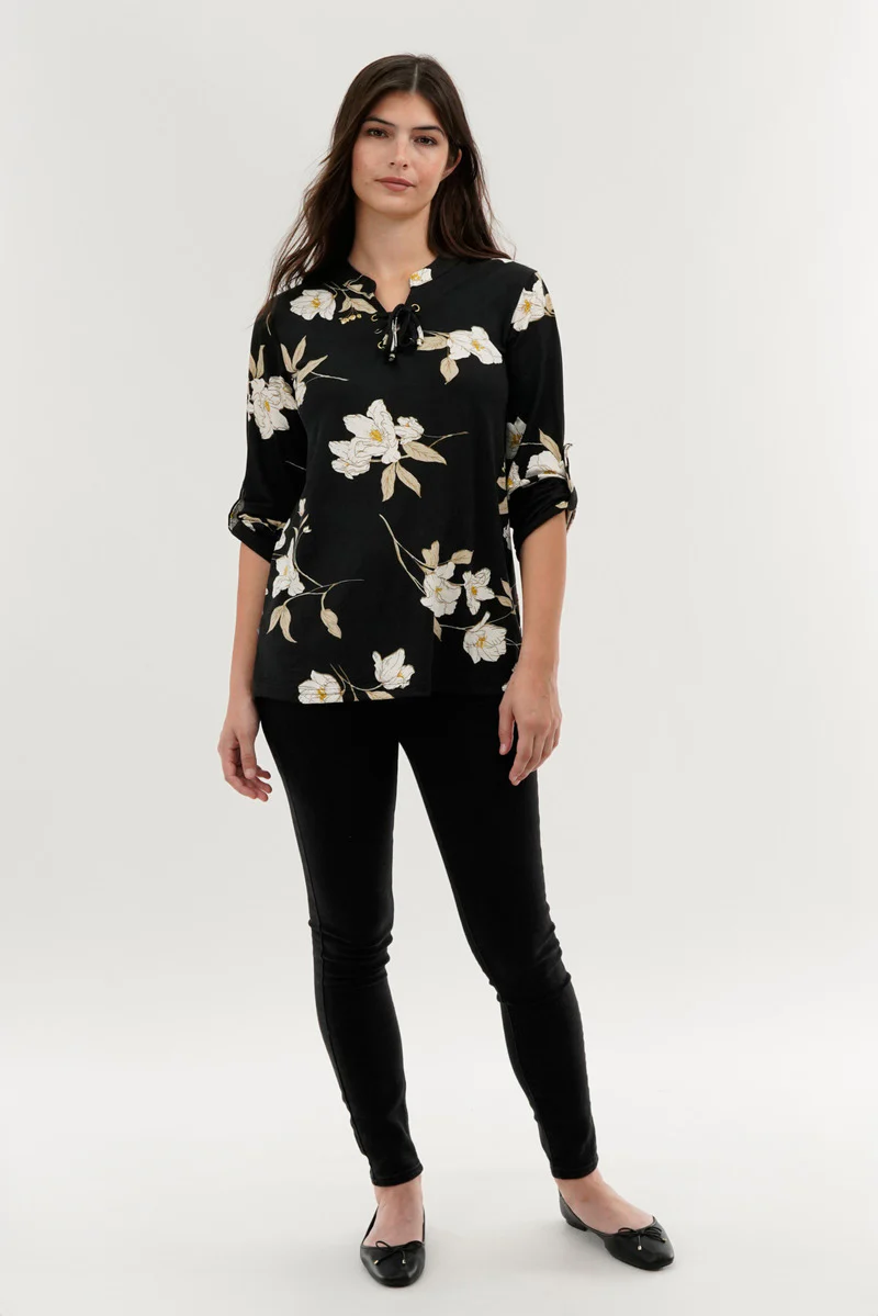 Majora Floral Lace Up Blouse - Black - Image 5