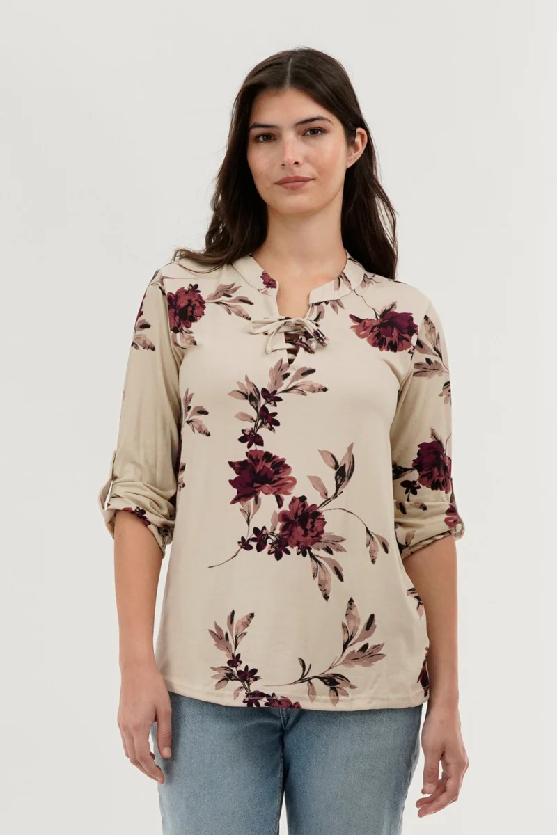 Majora Floral Lace Up Blouse - Beige