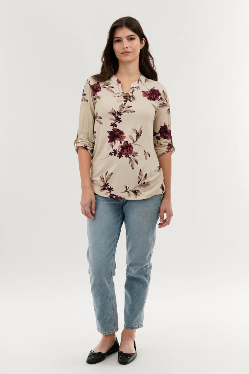 Majora Floral Lace Up Blouse - Beige - Image 5