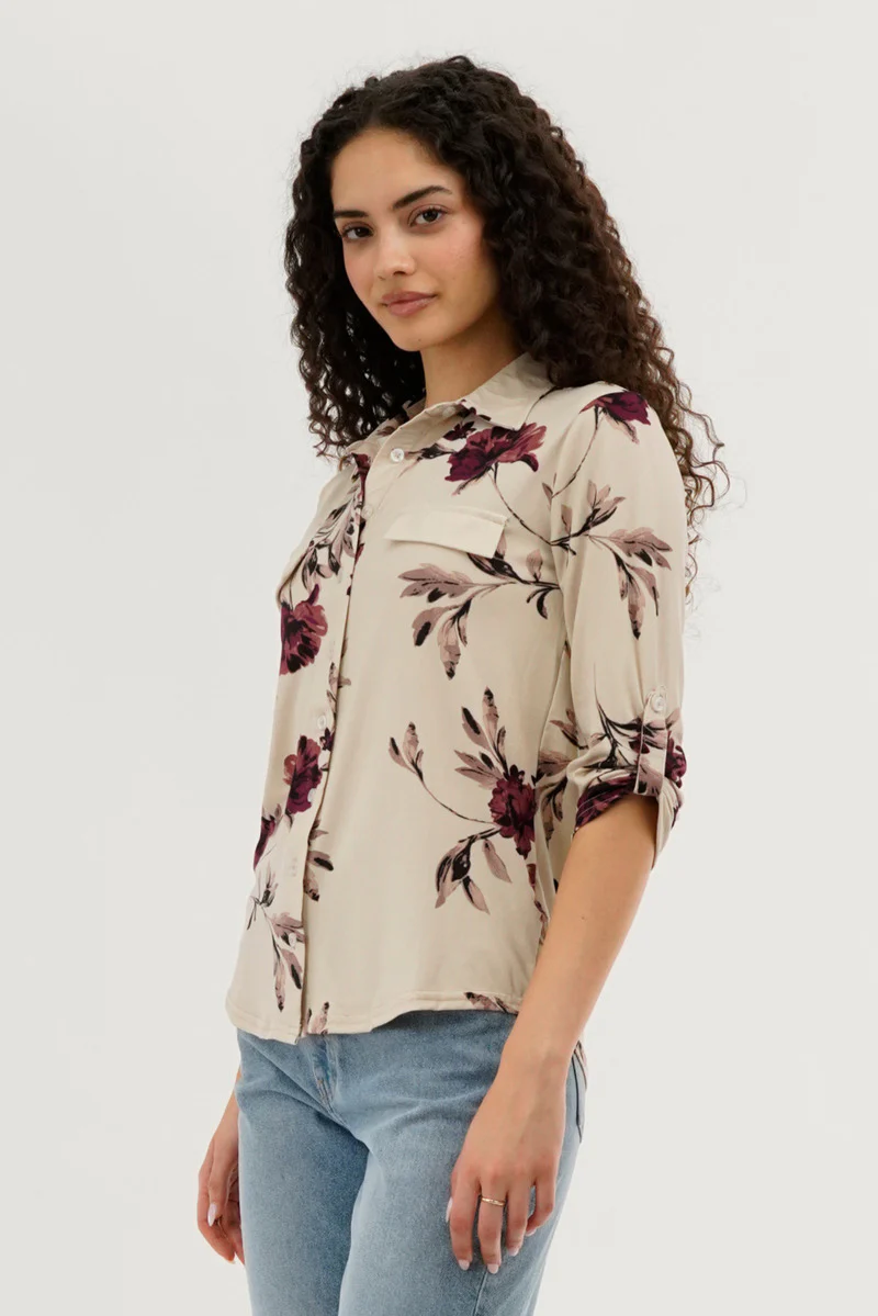 Majora Floral Button Up Blouse - Beige - Image 2