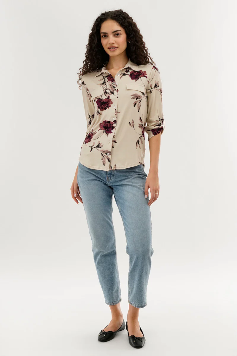 Majora Floral Button Up Blouse - Beige - Image 5