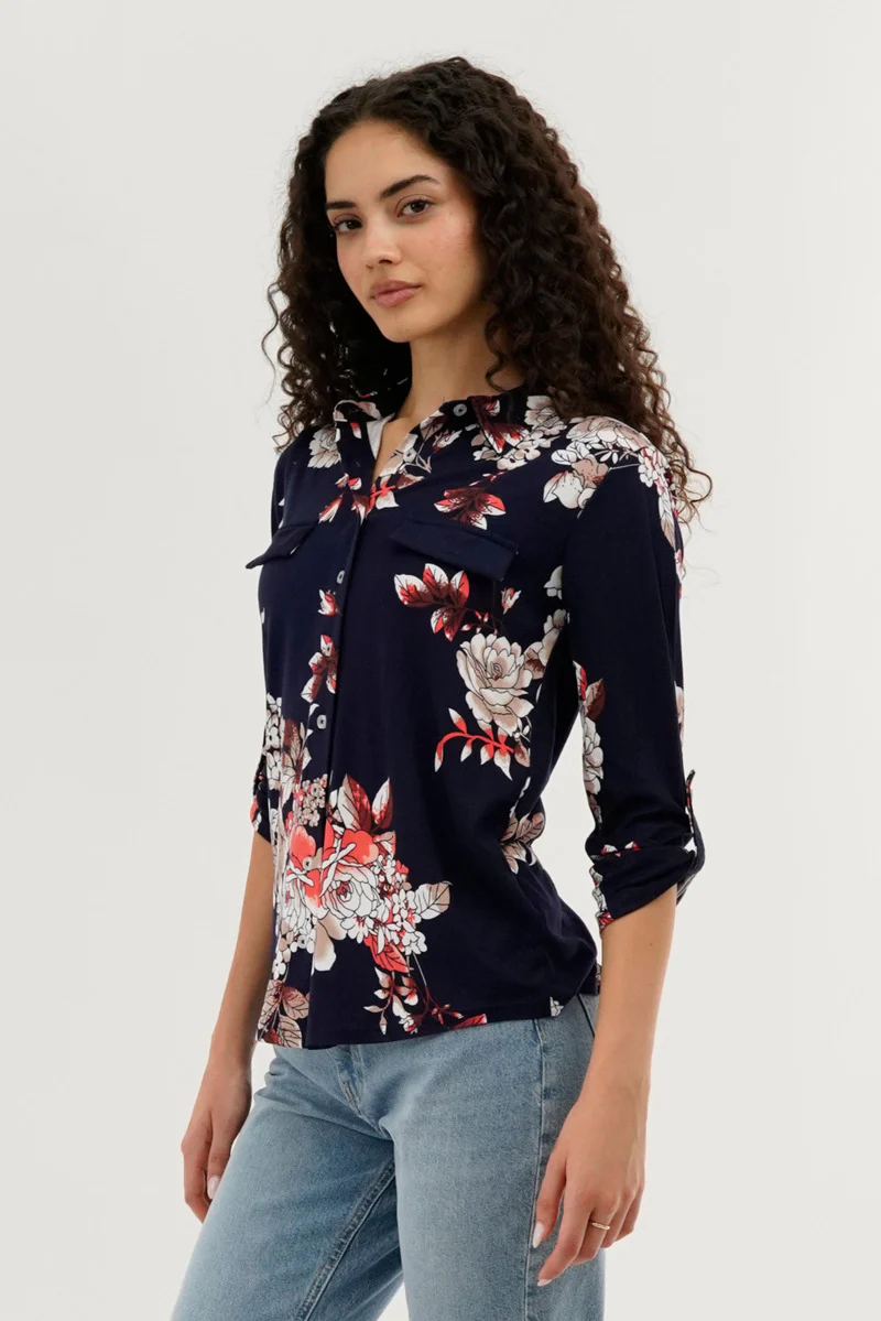 Majora Floral Button Up Blouse - Navy - Image 2