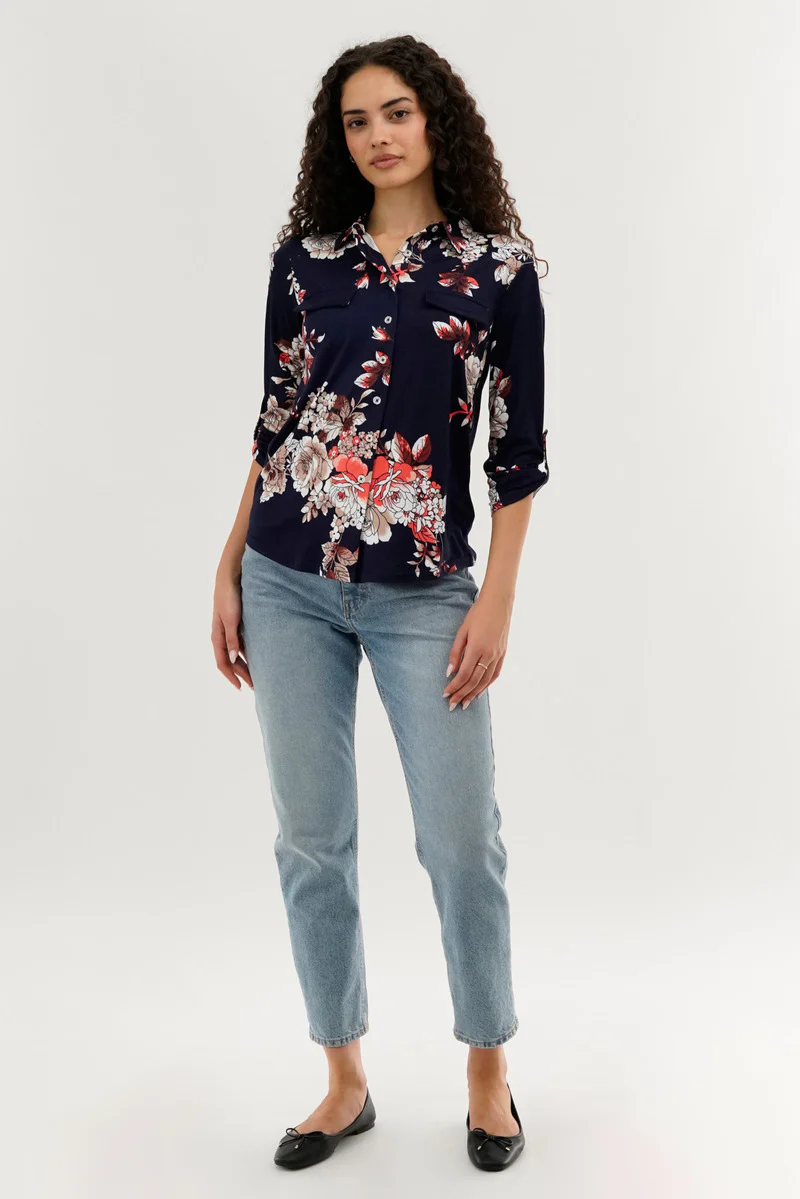 Majora Floral Button Up Blouse - Navy - Image 5