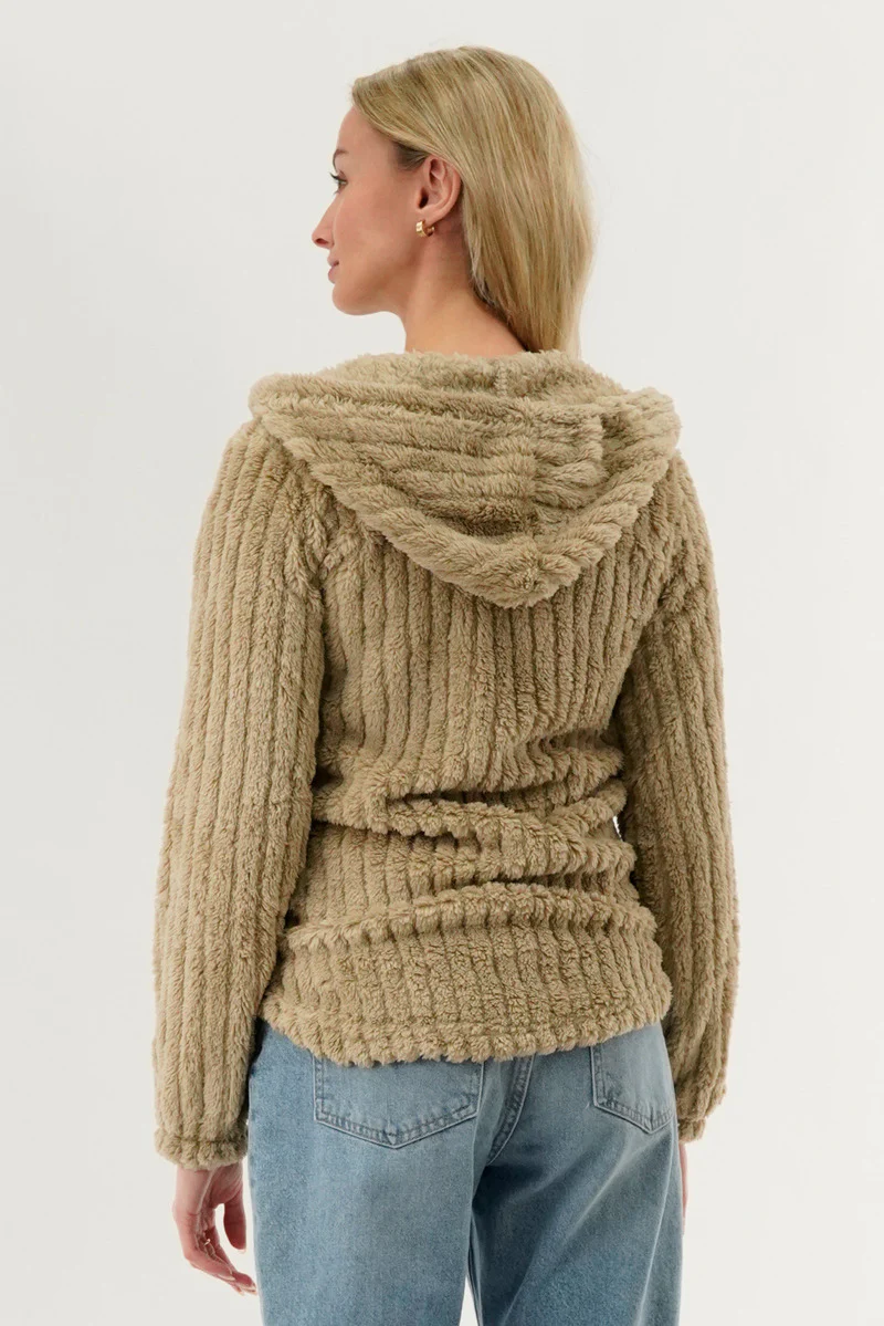 Fahrenheit Plush Hooded Zip Up Lightweight Jacket - Beige - Image 3