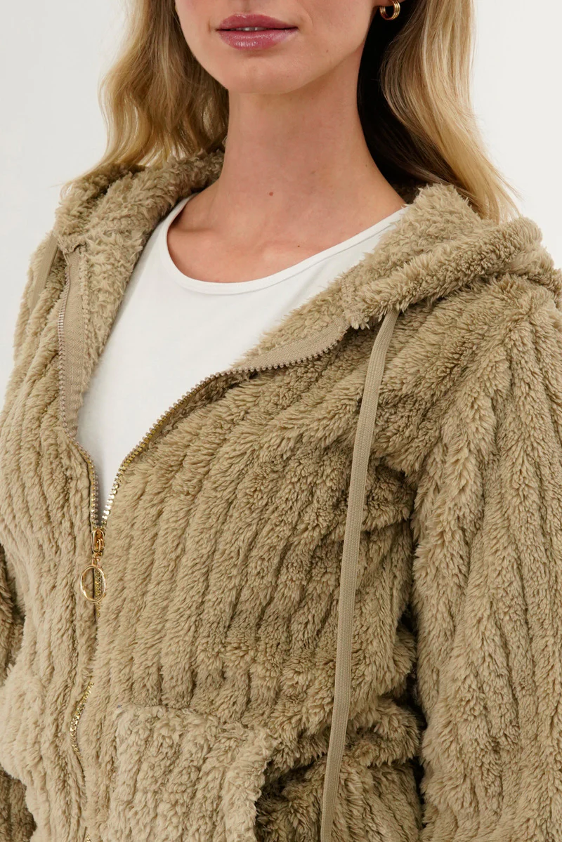 Fahrenheit Plush Hooded Zip Up Lightweight Jacket - Beige - Image 4