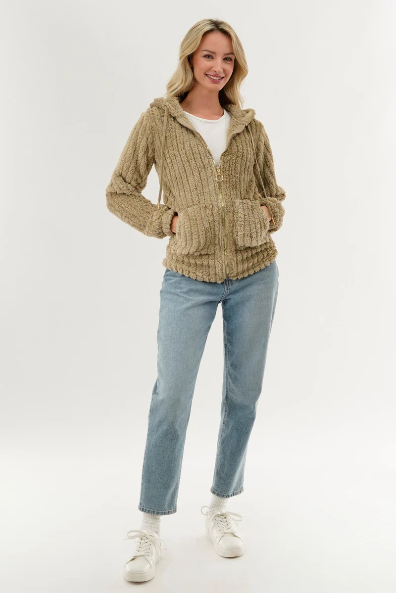 Fahrenheit Plush Hooded Zip Up Lightweight Jacket - Beige - Image 5