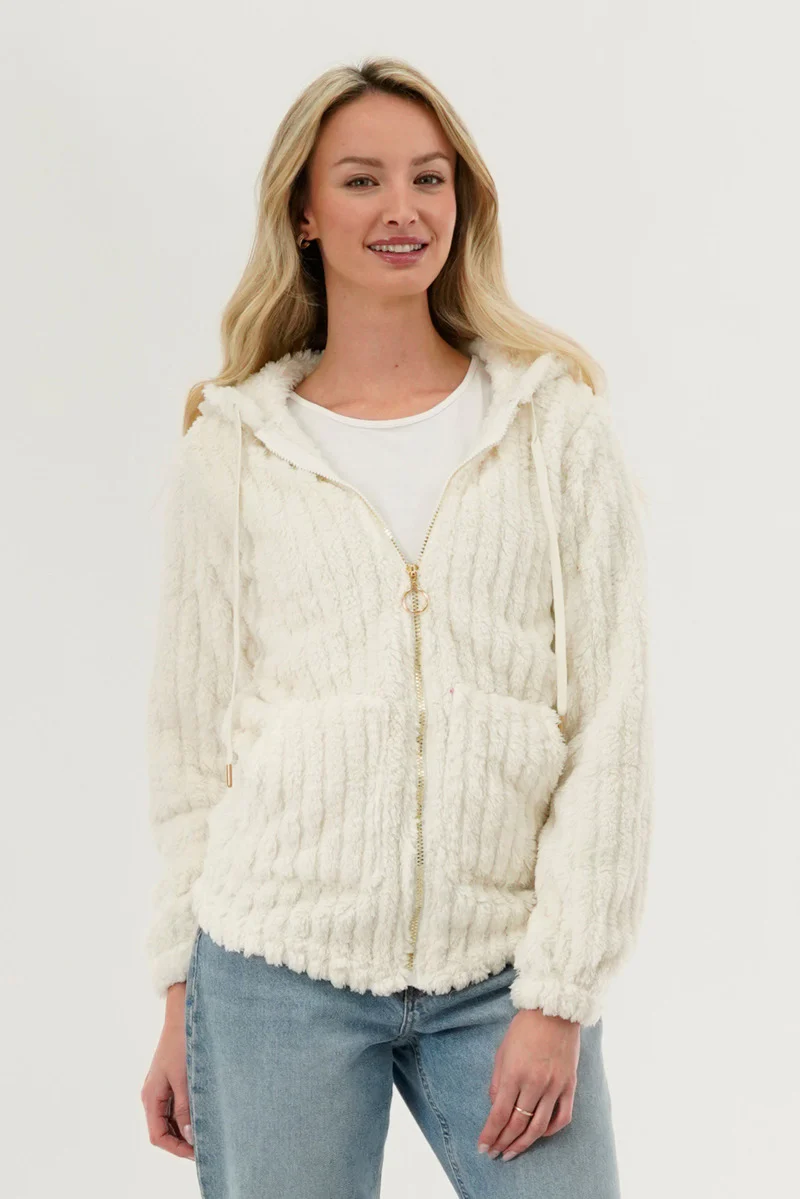 Fahrenheit Plush Hooded Zip Up Lightweight Jacket - White