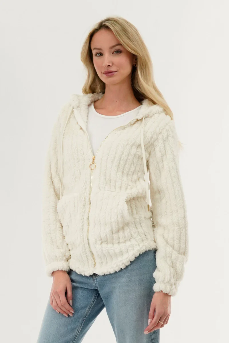 Fahrenheit Plush Hooded Zip Up Lightweight Jacket - White - Image 2