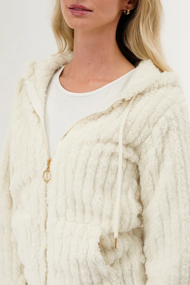 Fahrenheit Plush Hooded Zip Up Lightweight Jacket - White - Image 4