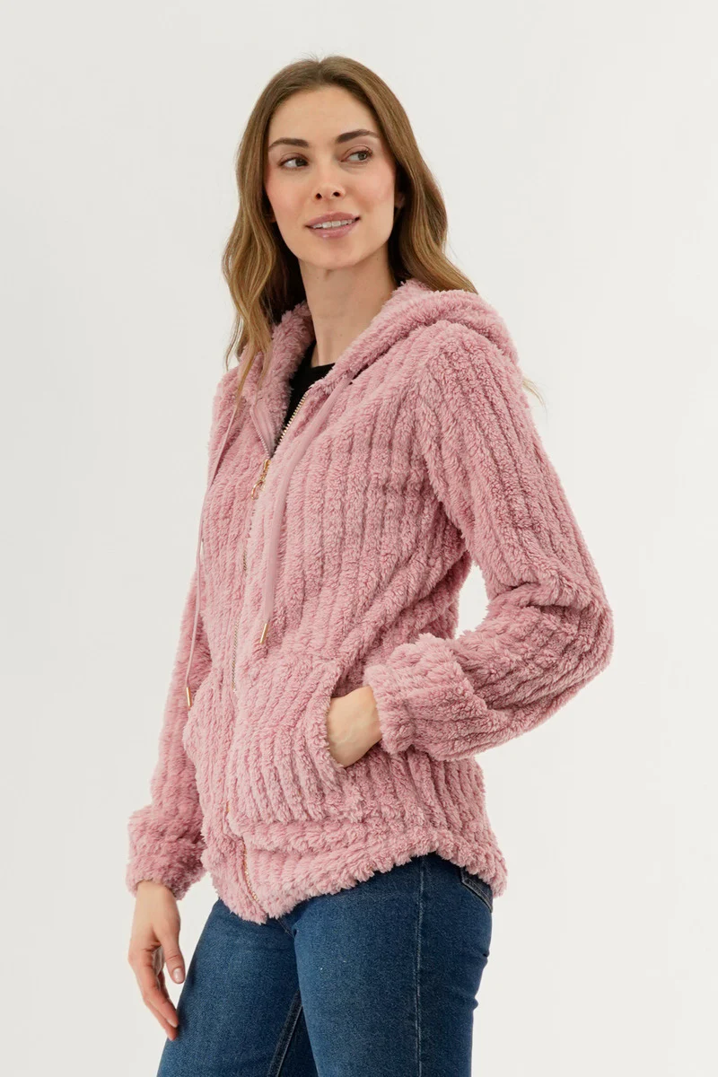Fahrenheit Plush Hooded Zip Up Lightweight Jacket - Pink - Image 2